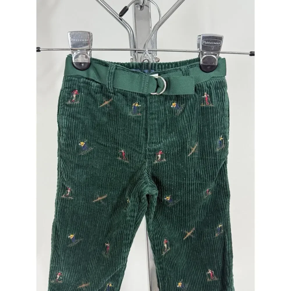 Ralph Lauren Baby 12M Green Corduroy Ski Skier Embroidered Pants Belted Unisex